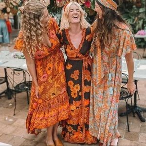 Boho gypsy floral maxi wrap dress 70s orange pink